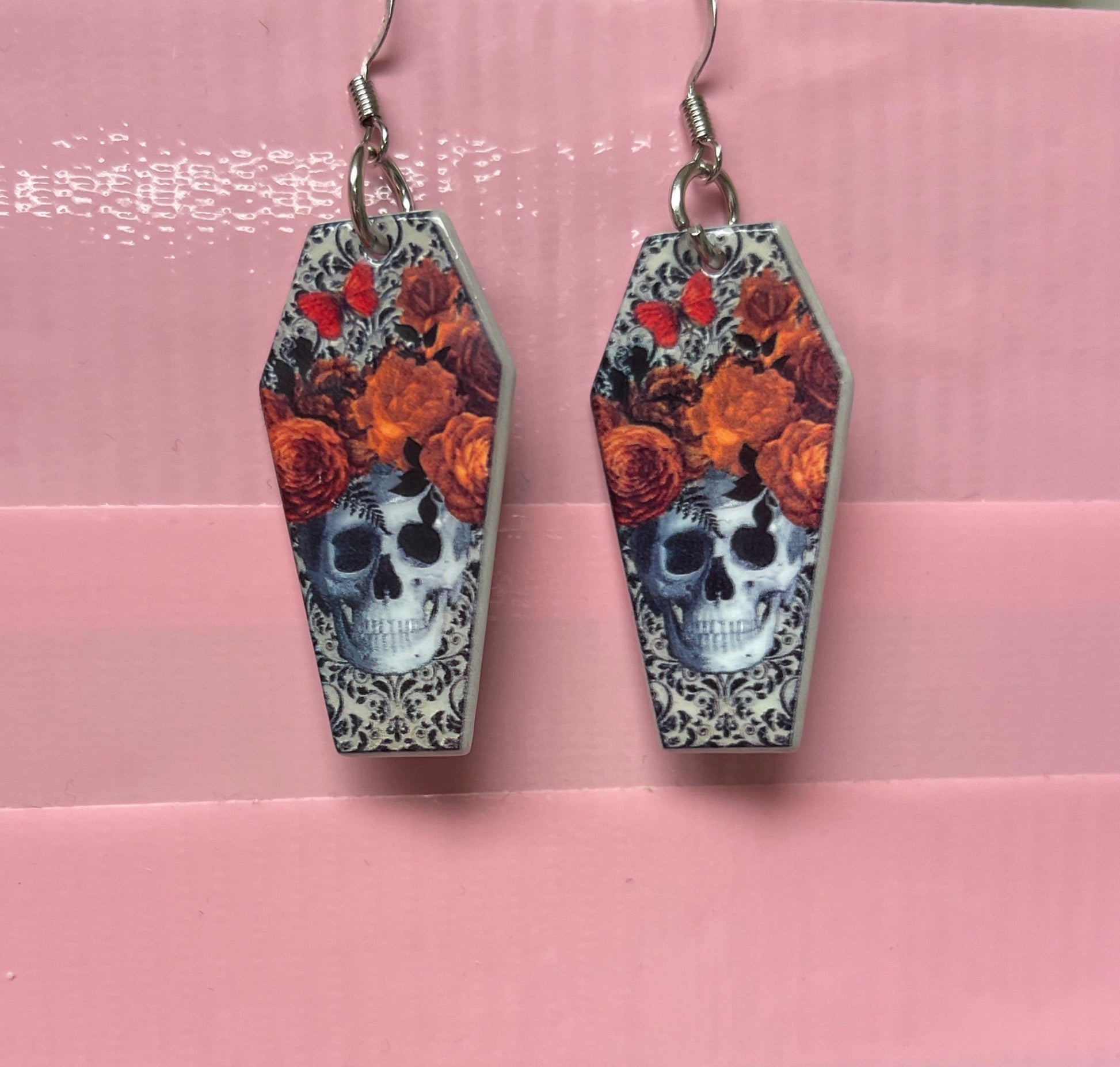 Coffin Skull Dia De Los Muertos Charm Wire EarringPink tiful of LOVE