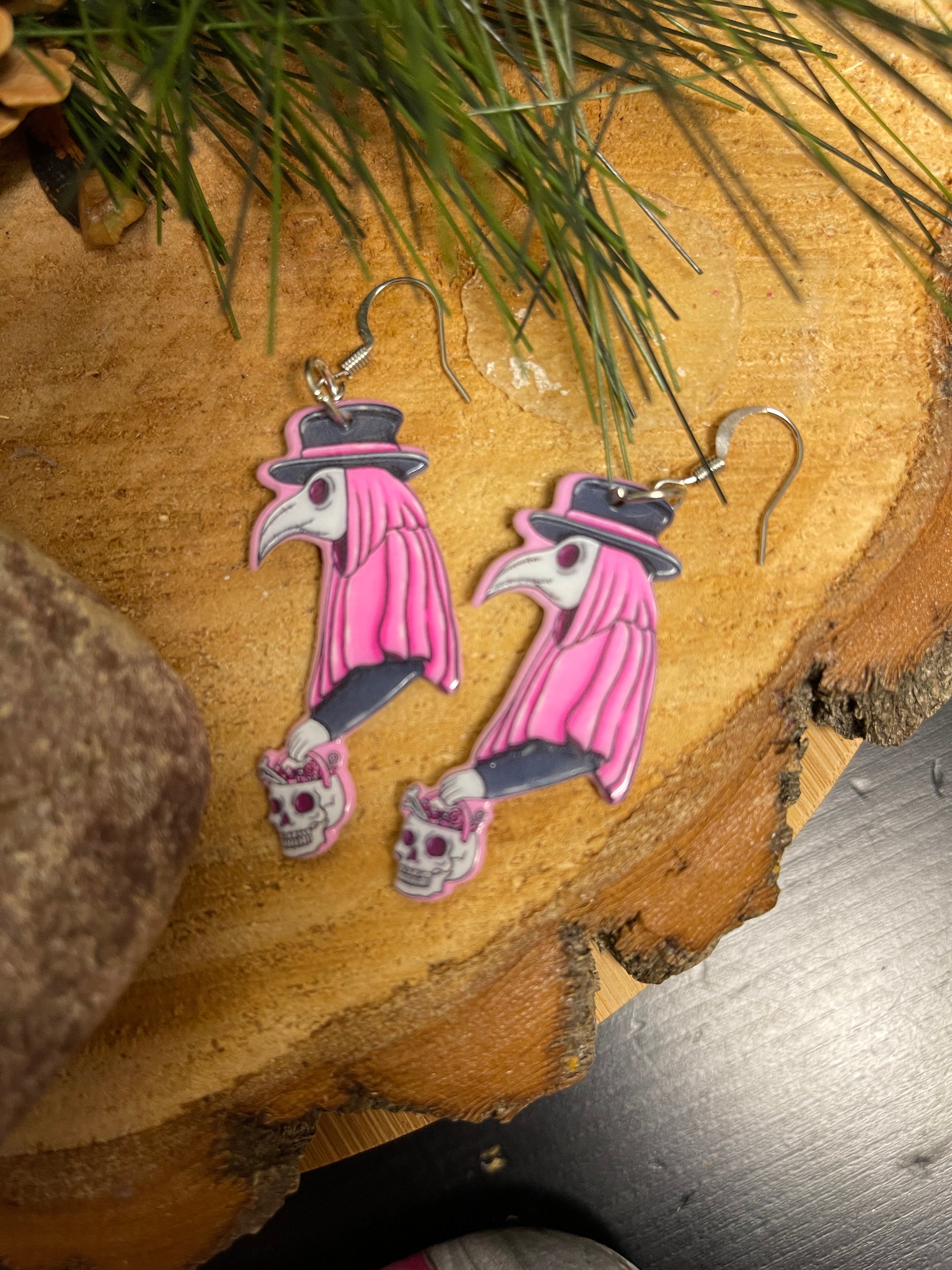Pink Goth; Plague Doctor Charm Wire EarringPink tiful of LOVE