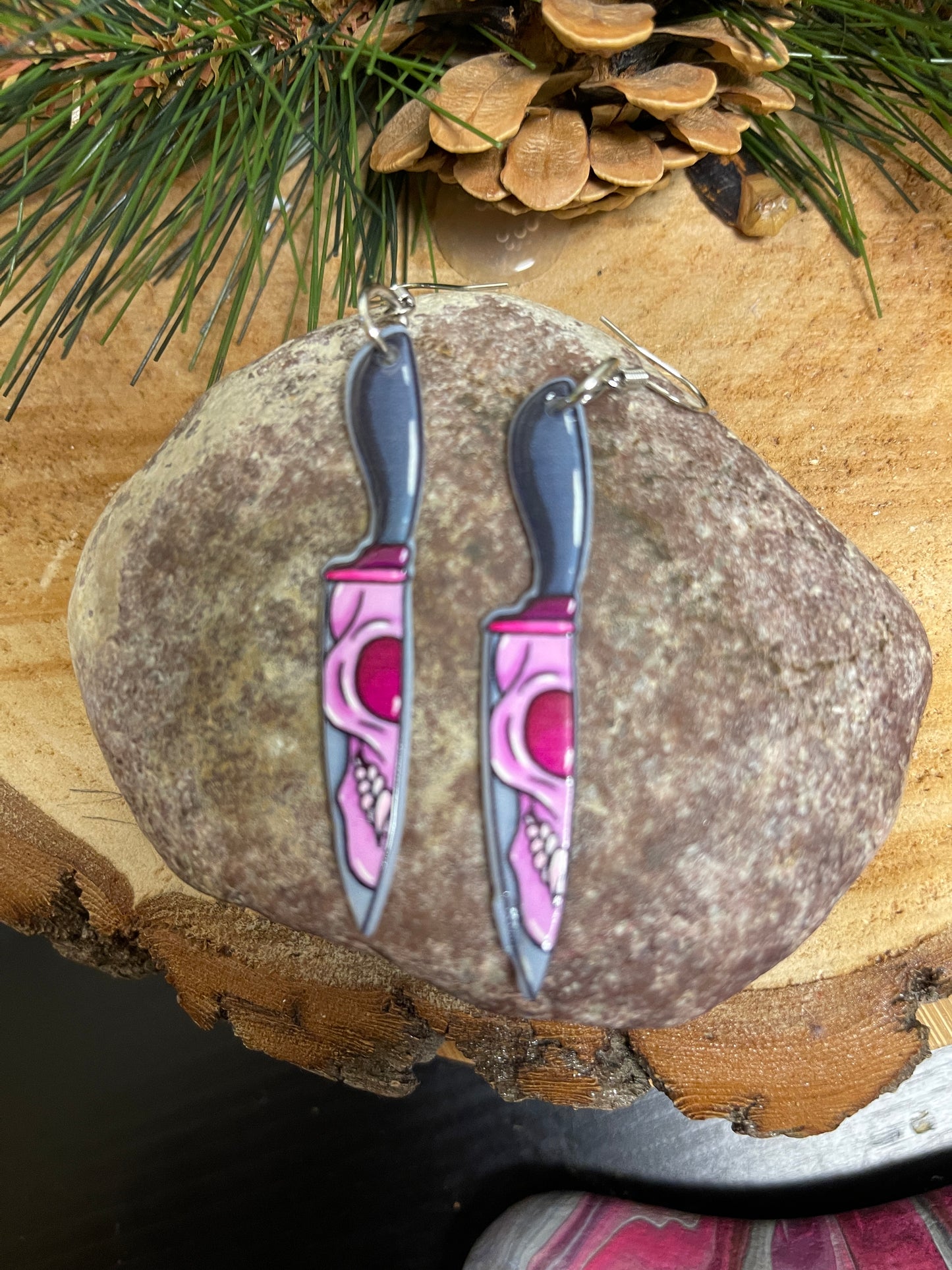Black & Pink Knife with Skull Face Charm Wire Earring