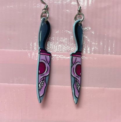 Black & Pink Knife with Skull Face Charm Wire Earring