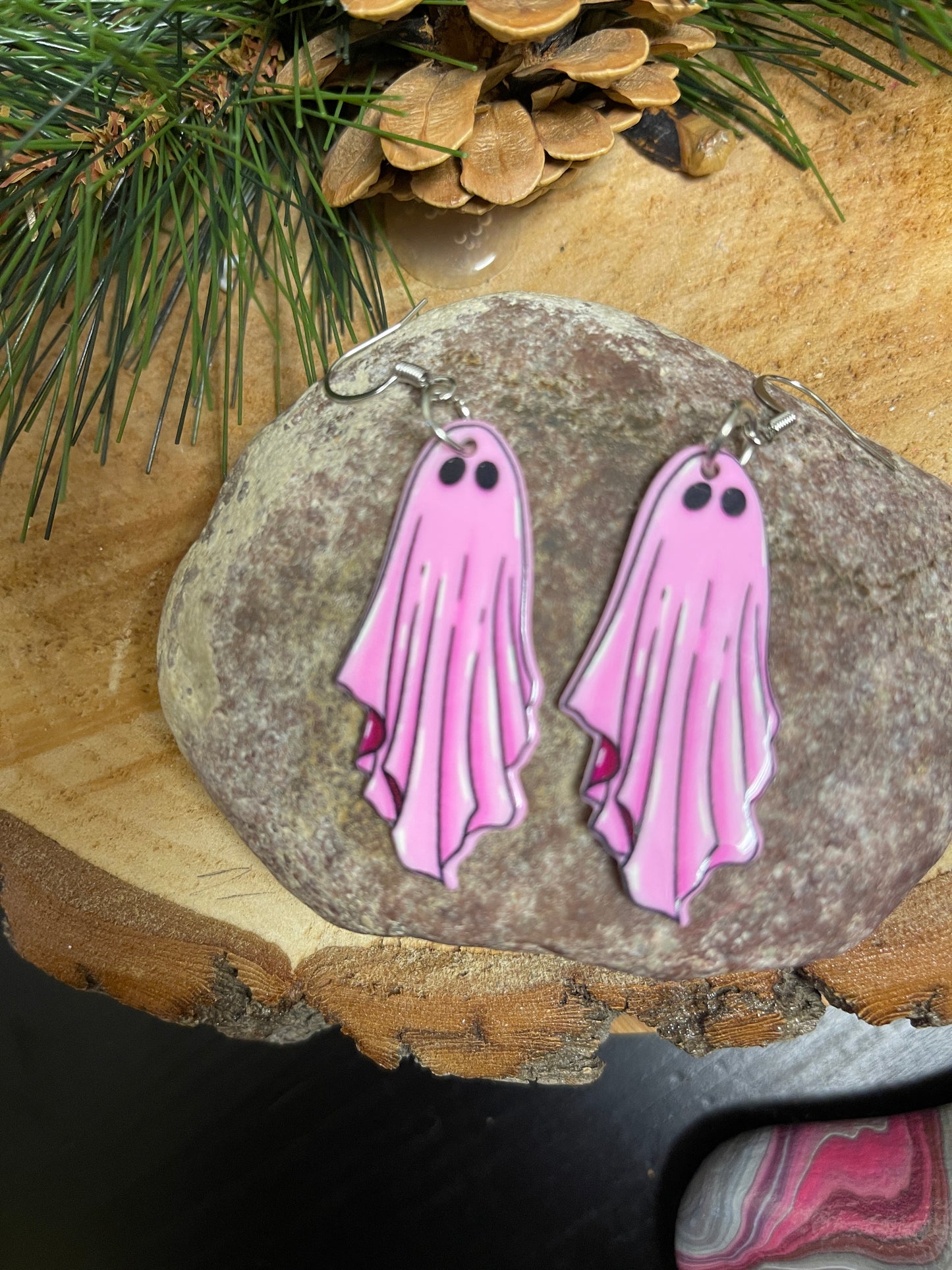 Pink Goth Ghost Charm Wire Earring