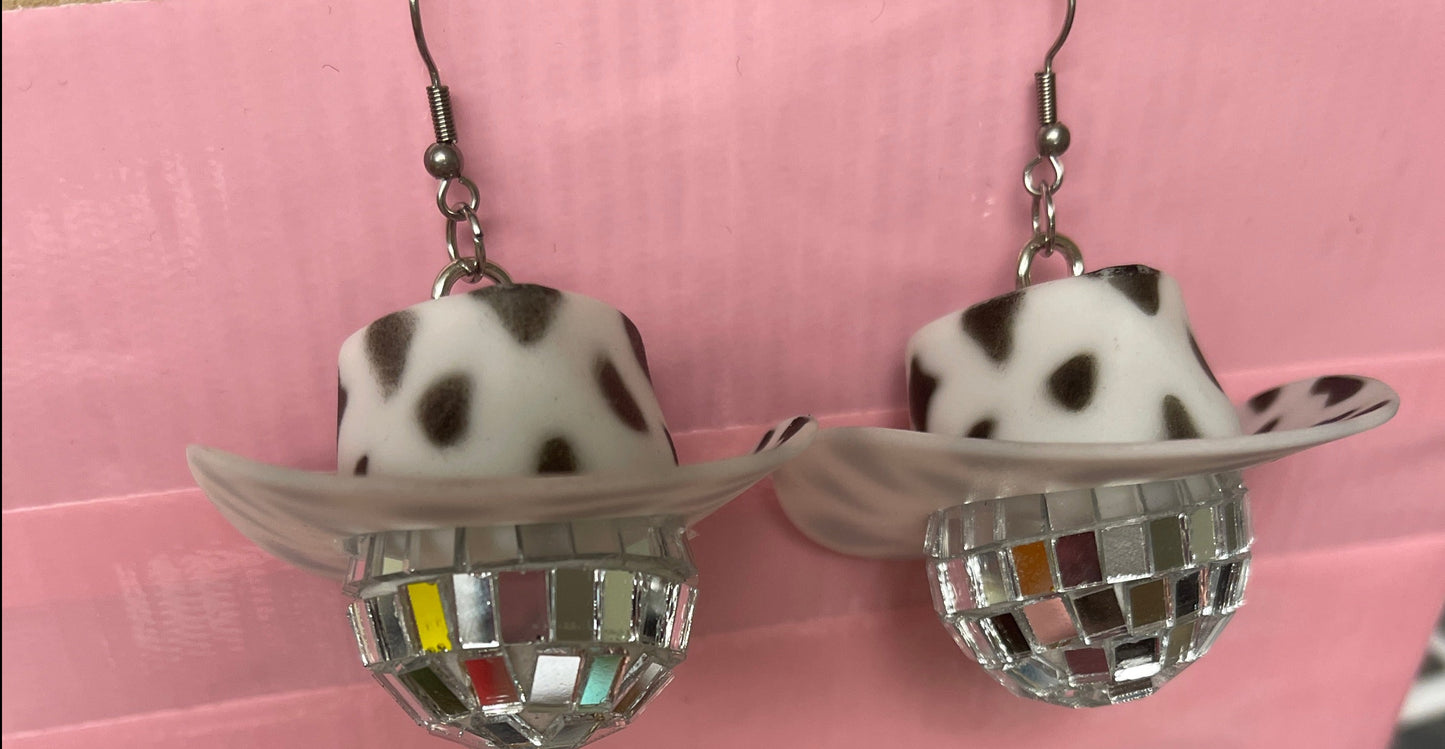 Western Cow Print Hat with Disco Ball Wire Earrings