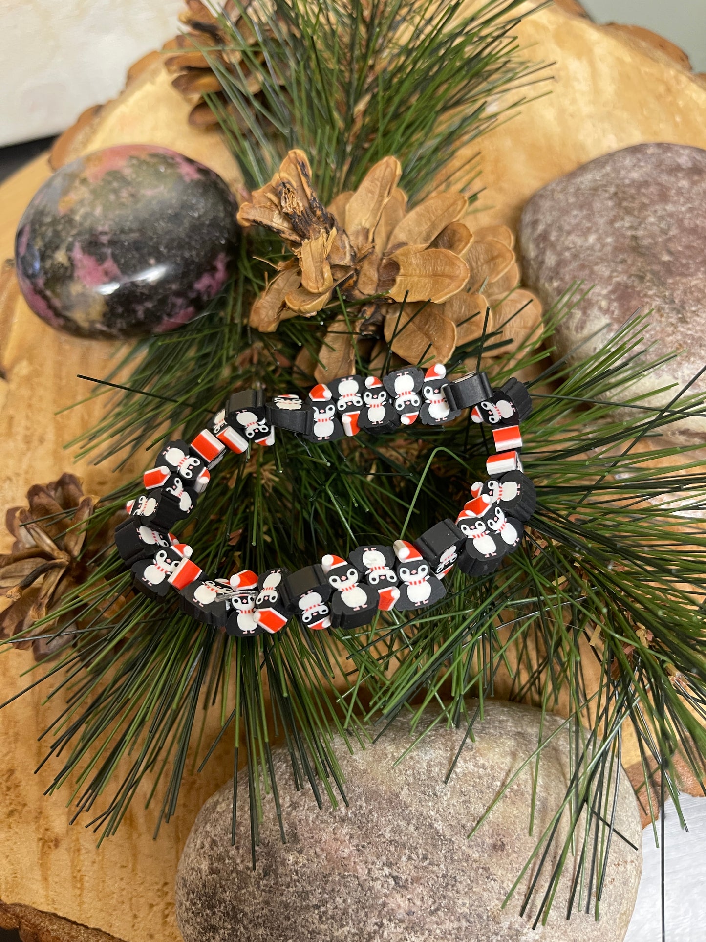 Santa Penguins Polymer Clay beaded Stretch bracelet