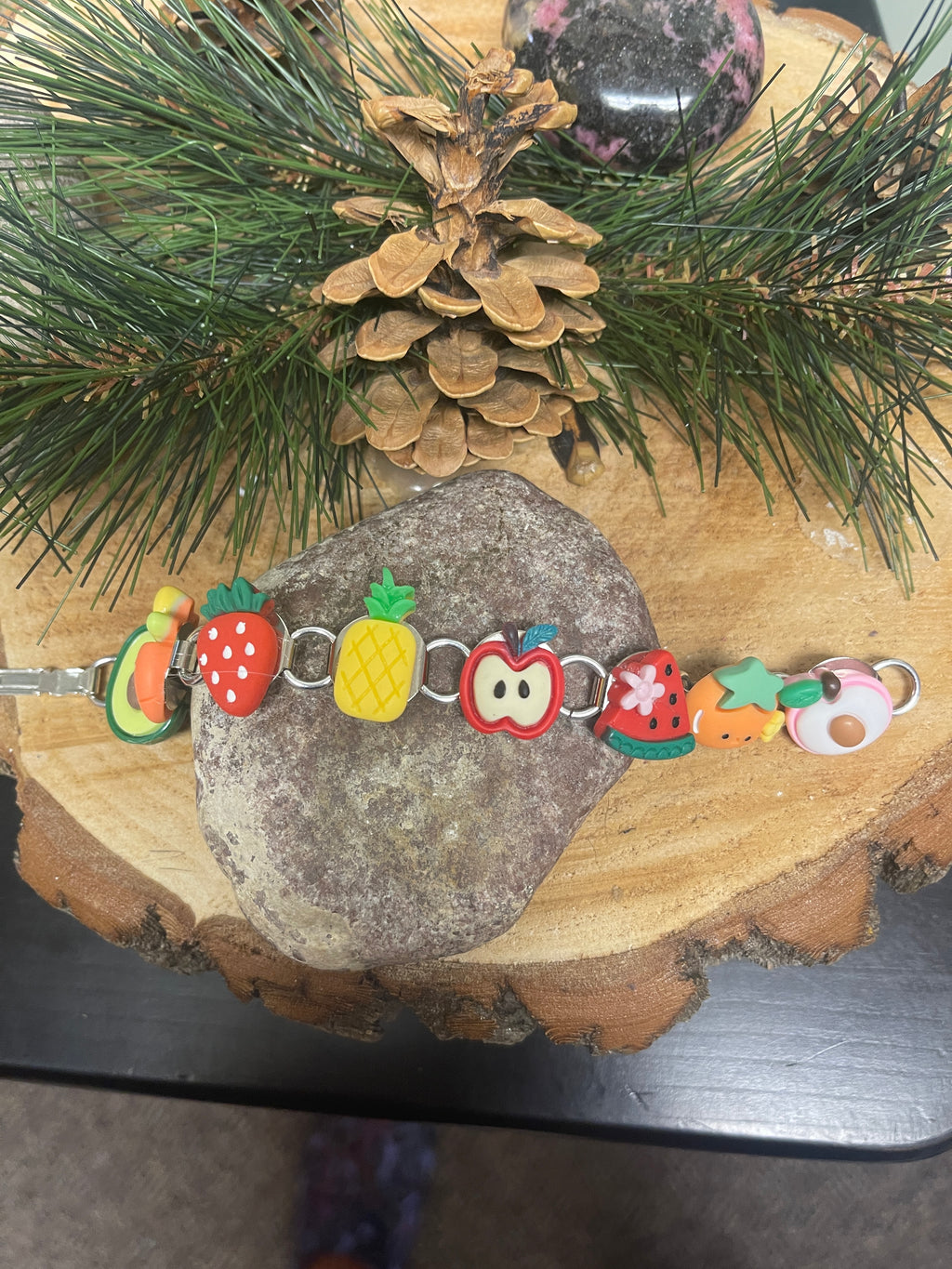 Whimsical Fruit & Veggie Bracelet, Silver 8 links