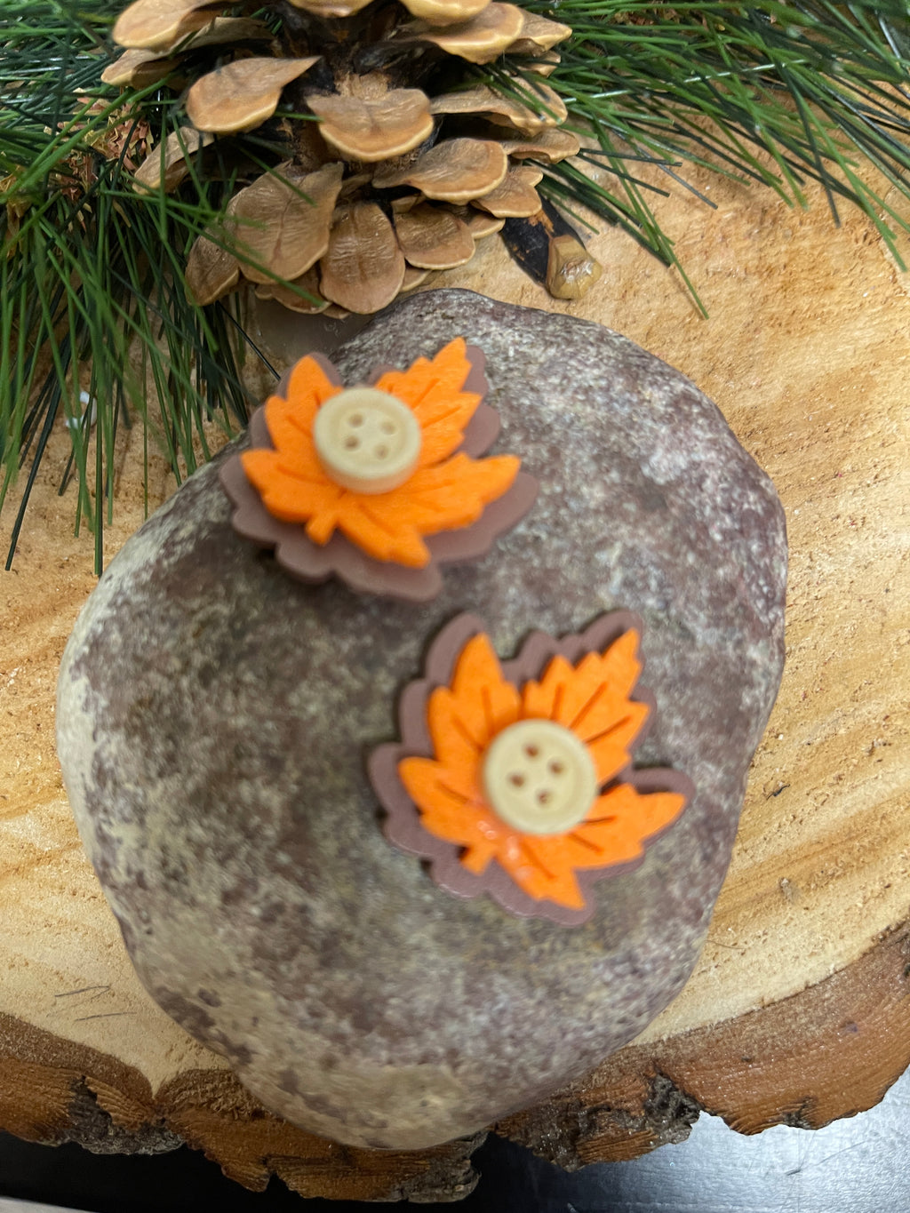 Leaf and Button Wood  Stud  Earrings