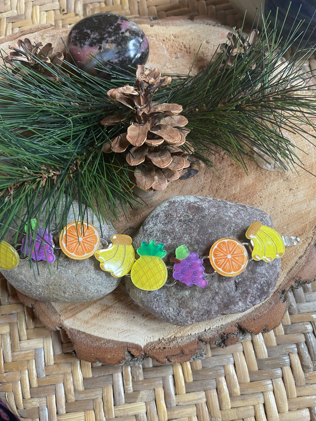 Whimsical Fruit  Bracelet, Silver 8 links-3