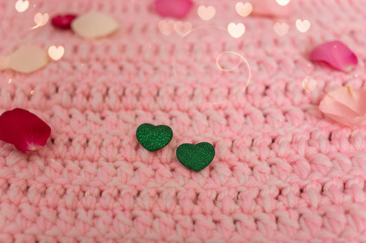 Green Glitter Heart Stud Earrings – Sparkly Heart Posts
