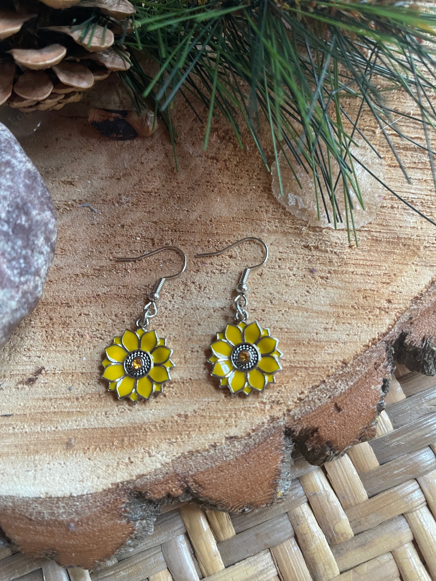 Yellow & Rhodium Sunflower charm Wire Earring