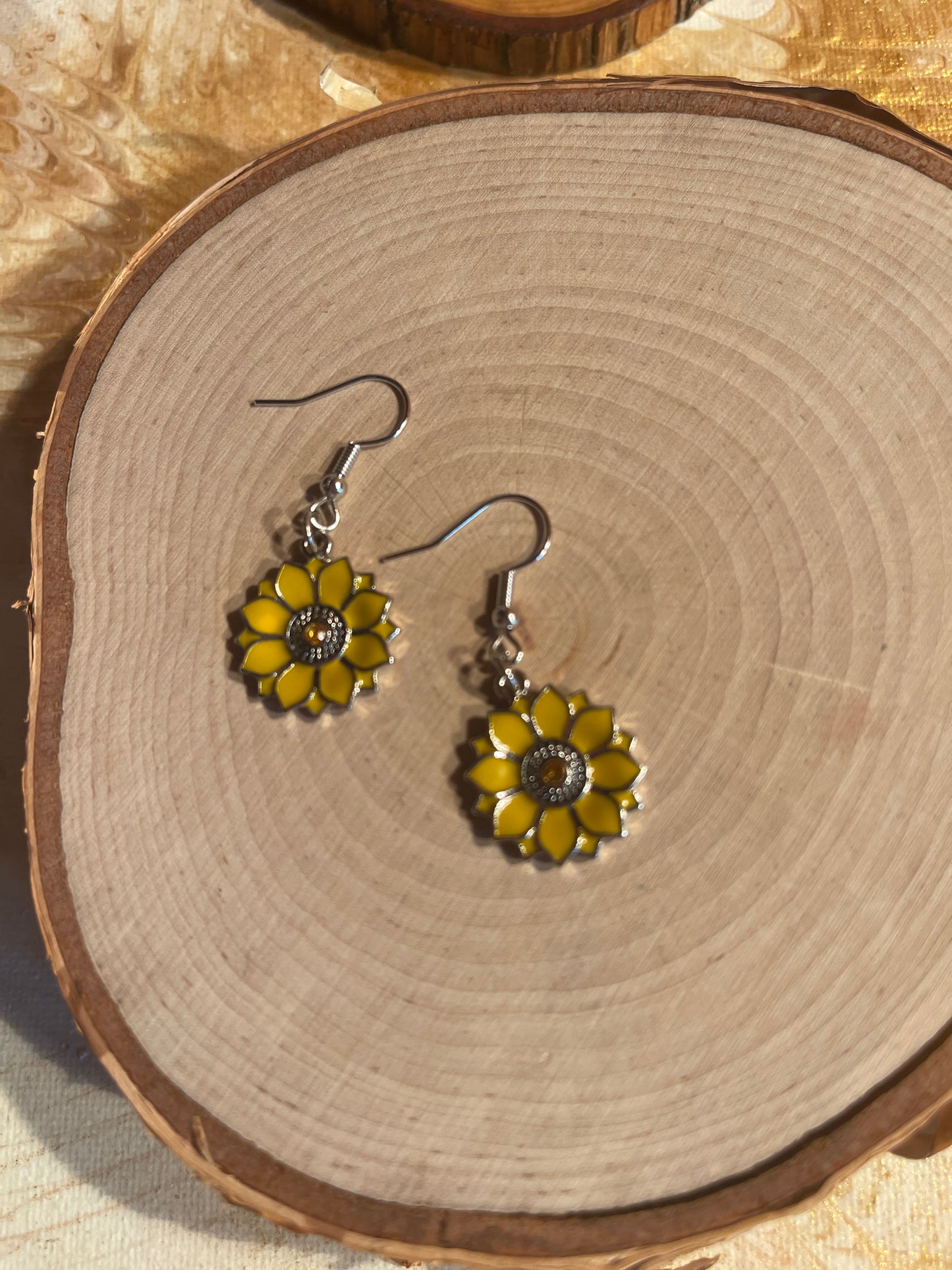 Yellow &amp; Rhodium Sunflower charm Wire EarringPink tiful of LOVE