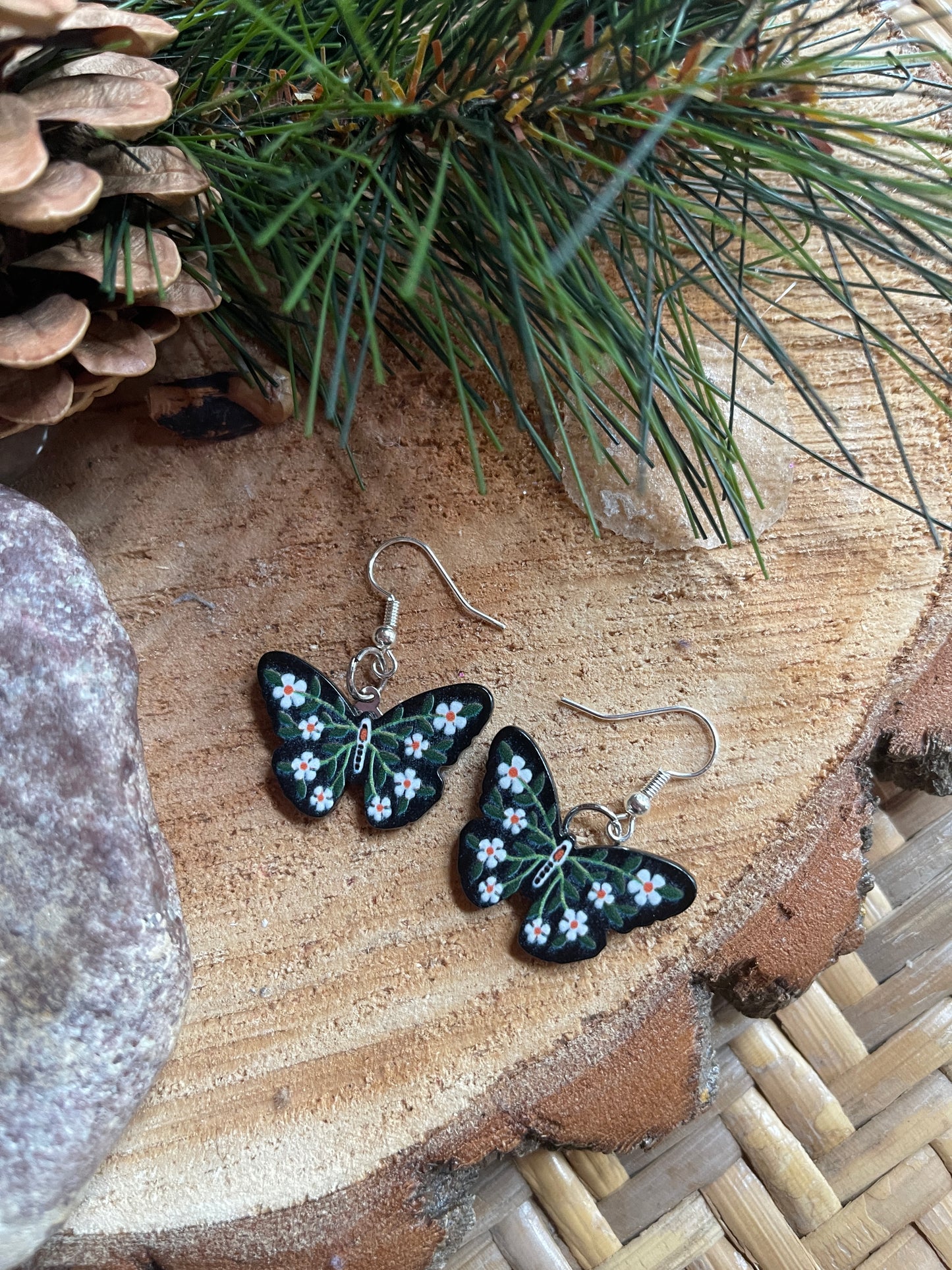 Black Floral Butterfly charm Wire Earring