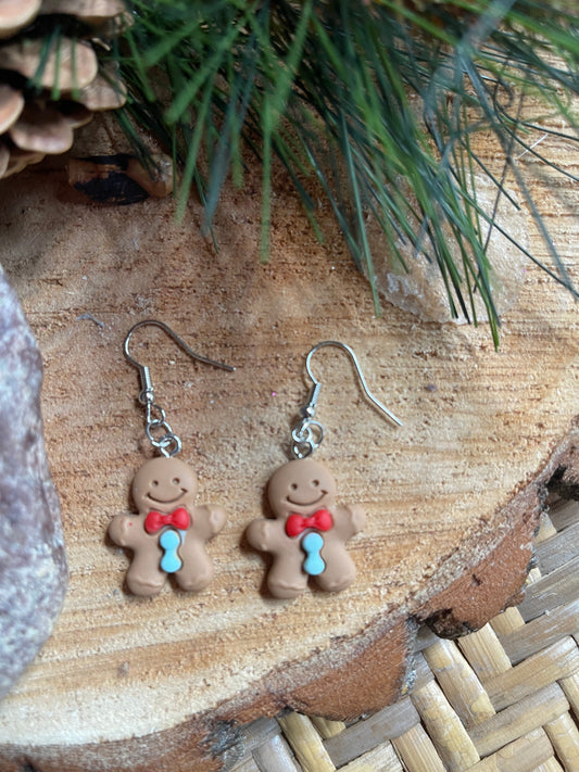 Gingerbread Man with red bow and blue buttons Wire  EarringsPink tiful of LOVE