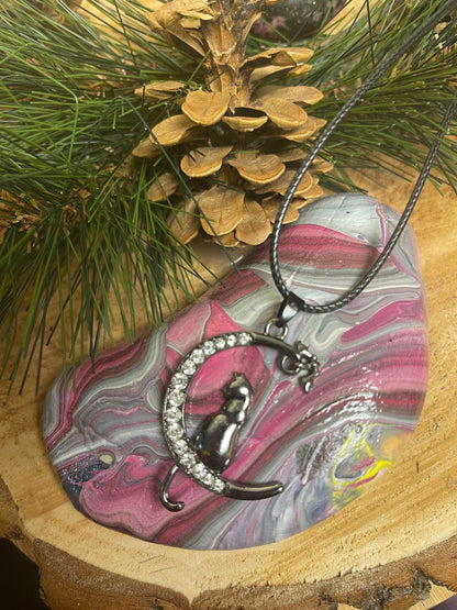 Halloween Cat on Moon Pendant on a black cord Necklace