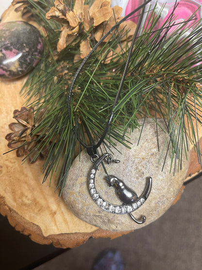 Halloween Cat on Moon Pendant on a black cord NecklacePink tiful of LOVE