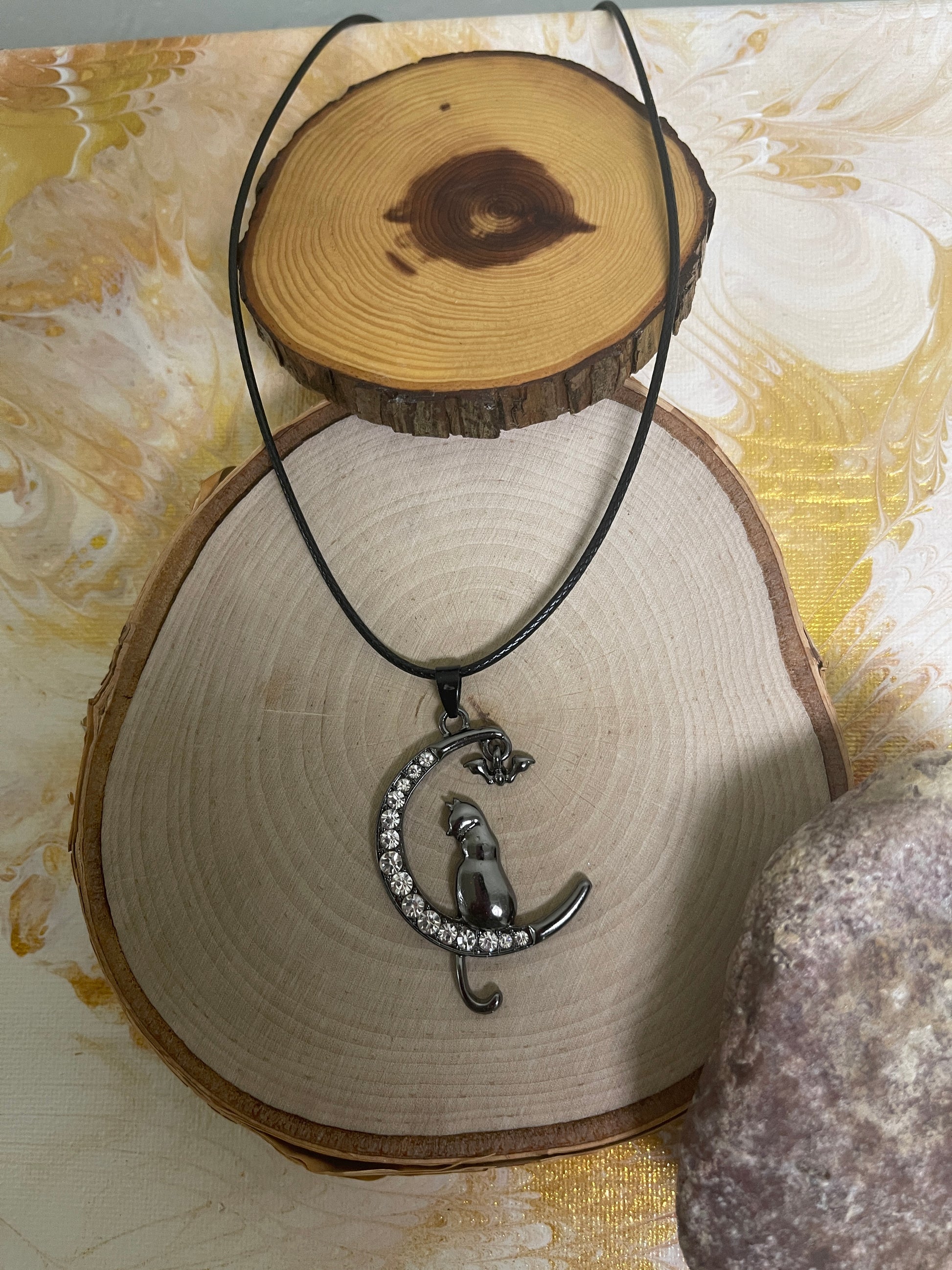 Halloween Cat on Moon Pendant on a black cord NecklacePink tiful of LOVE