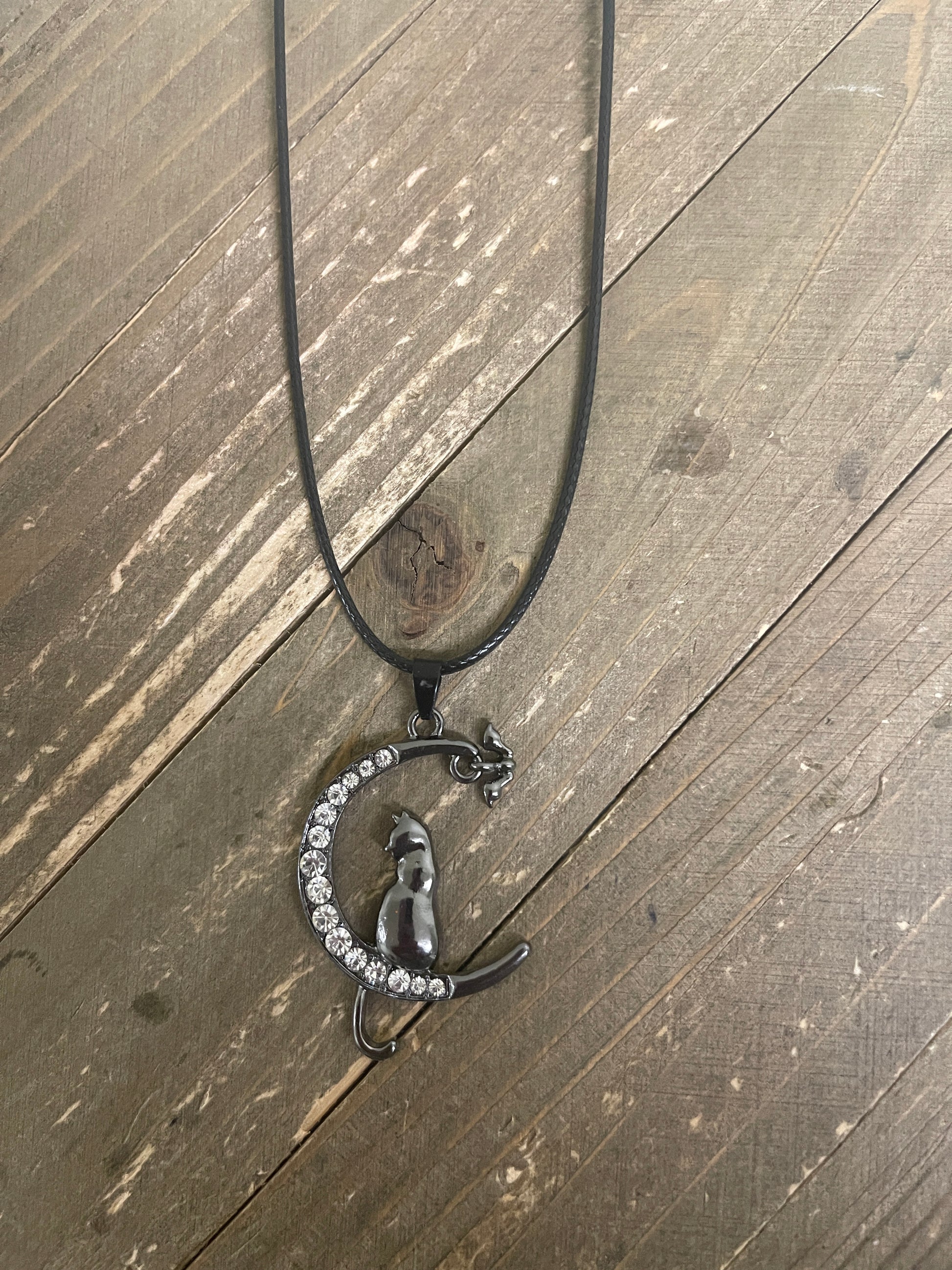 Halloween Cat on Moon Pendant on a black cord NecklacePink tiful of LOVE
