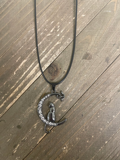 Halloween Cat on Moon Pendant on a black cord NecklacePink tiful of LOVE