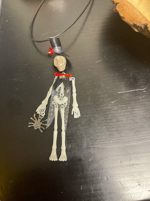 Halloween Skeleton Suit Doll Pendant on a black cord Necklace