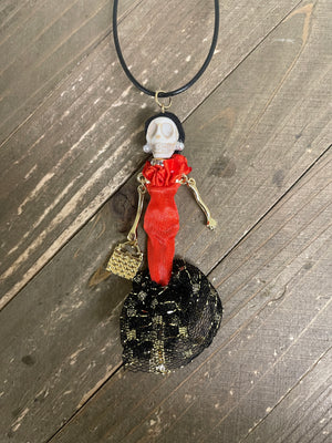 Halloween Red Dress Doll Pendant on a black cord Necklace