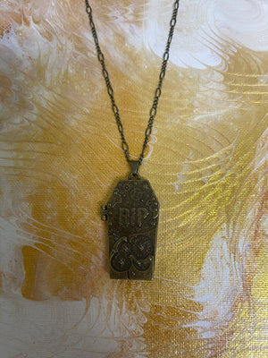 Coffin Pendant on a Antique Brass chain Necklace