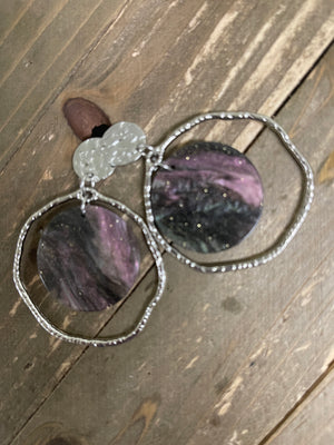 Black shimmer Acrylic charms and Silver circles Stud Earrings
