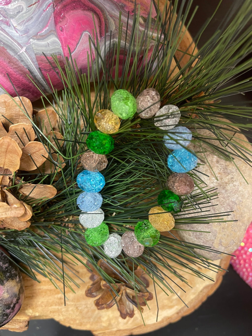 Multi-Color Faceted Ice Crackle beaded Stretch bracelet