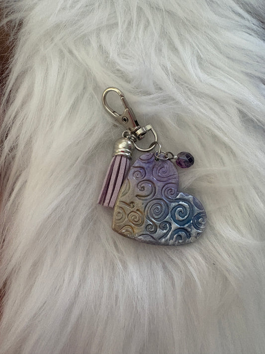 Embossed Heart, tassel and bead keychain