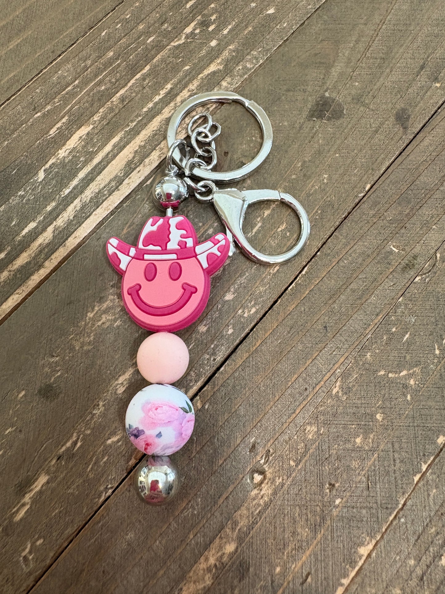 🤠 Pink Cowboy Smiley Beaded Keychain