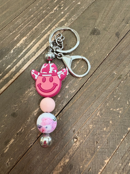 Pink Smiling Cowboy Beaded Keychain*