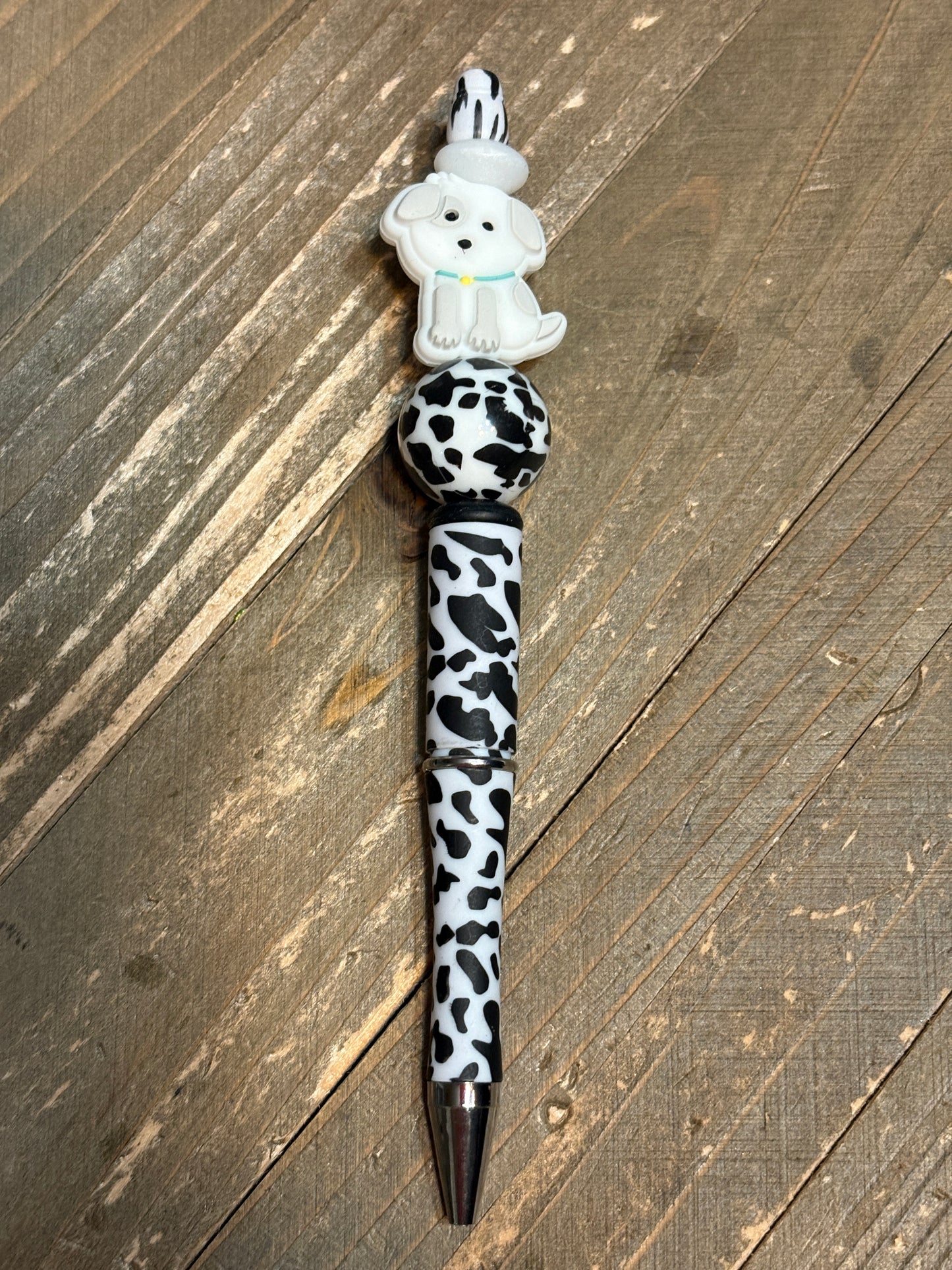 🐾 Black & White Puppy Beaded Pen