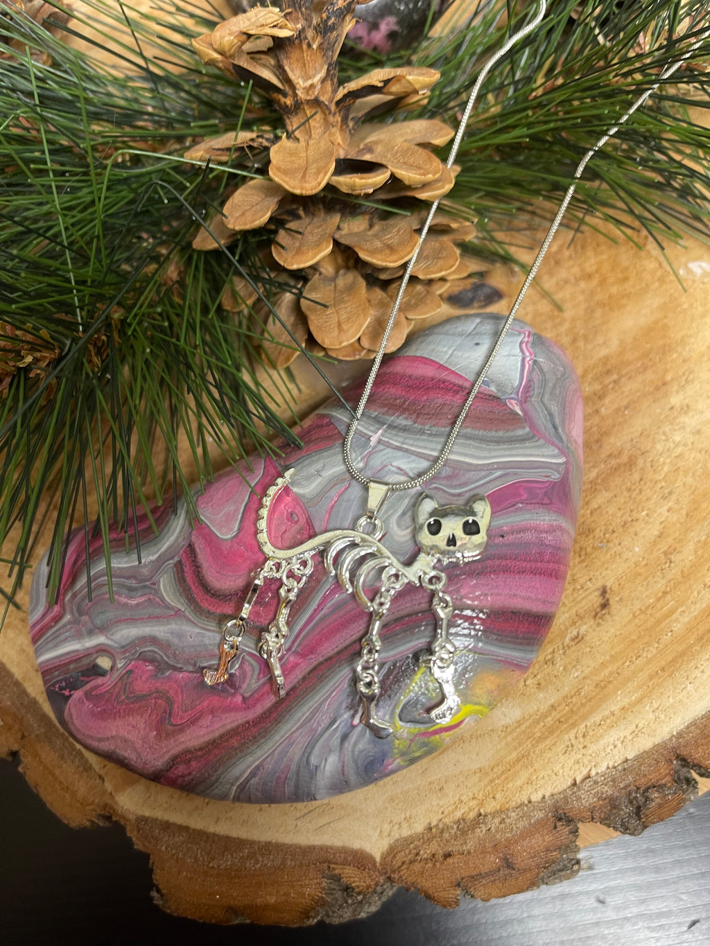 Halloween Skeleton Cat Pendant on a Silver Chain Necklace