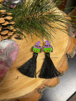 Halloween- Enamel Witch charm and black tassel stud earrings