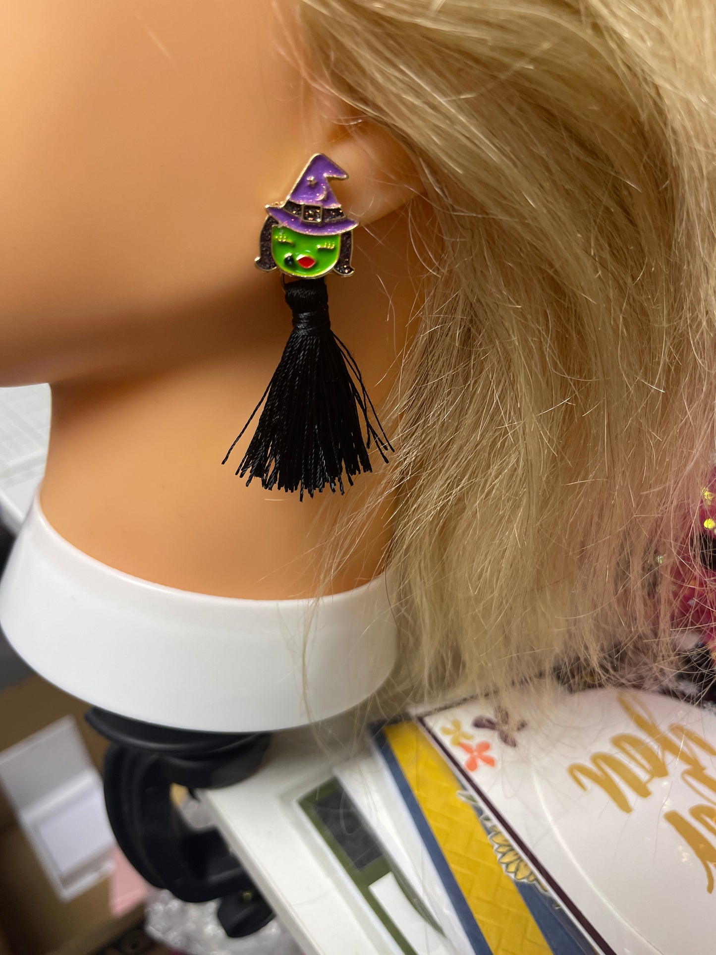 Halloween- Enamel Witch charm and black tassel stud earrings