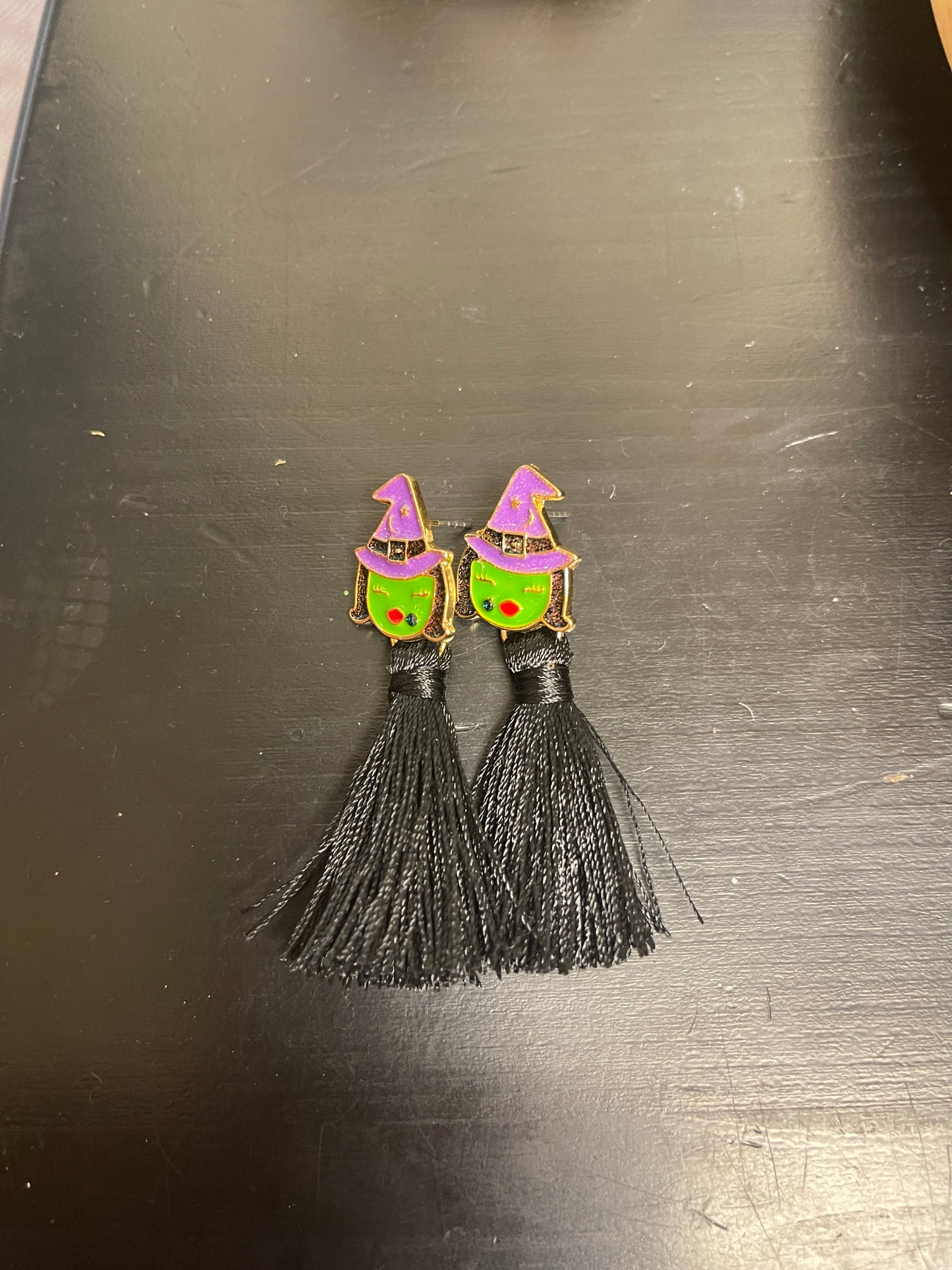 Halloween- Enamel Witch charm and black tassel stud earrings