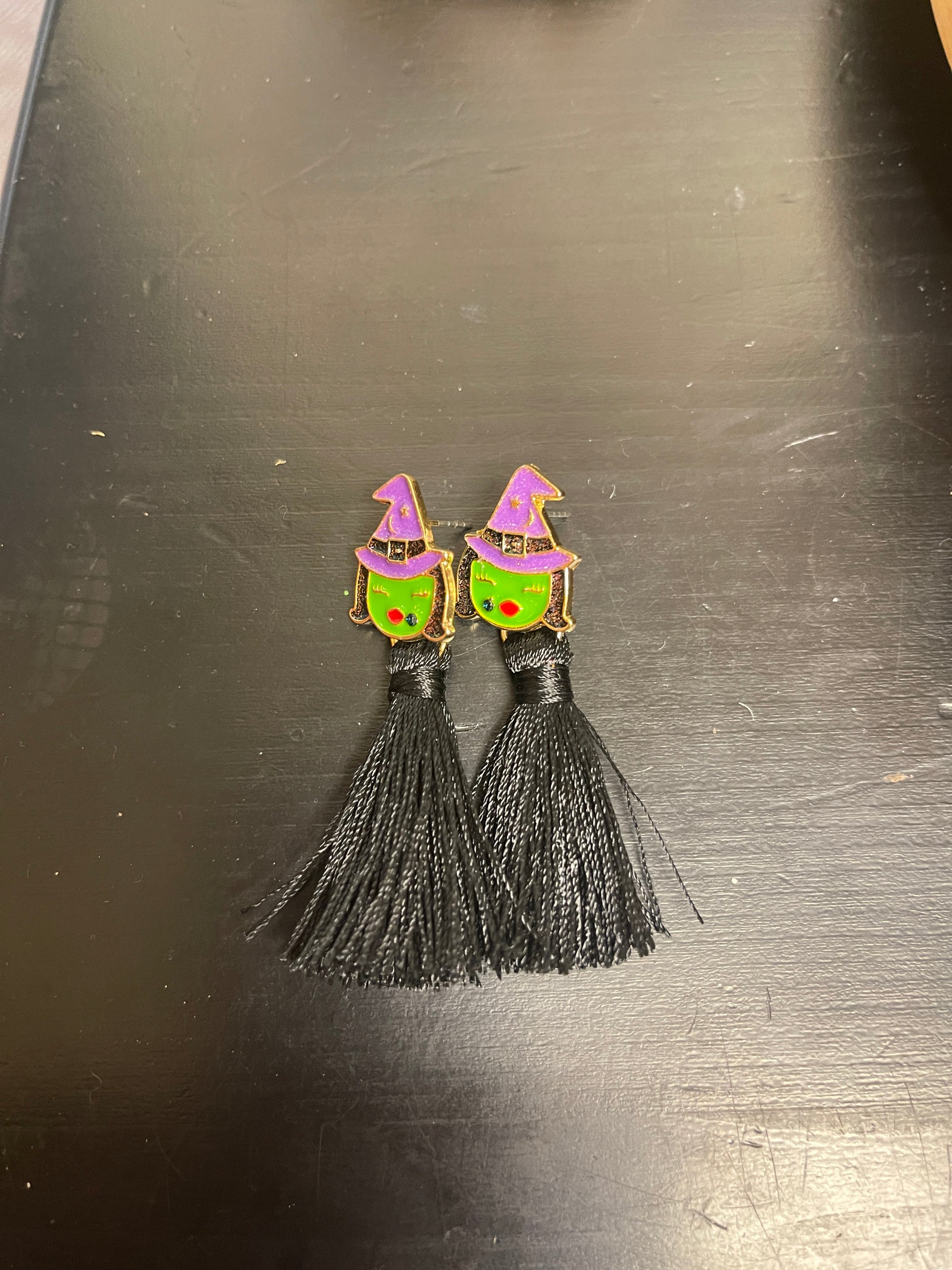 Halloween- Enamel Witch charm and black tassel stud earringsPink tiful of LOVE