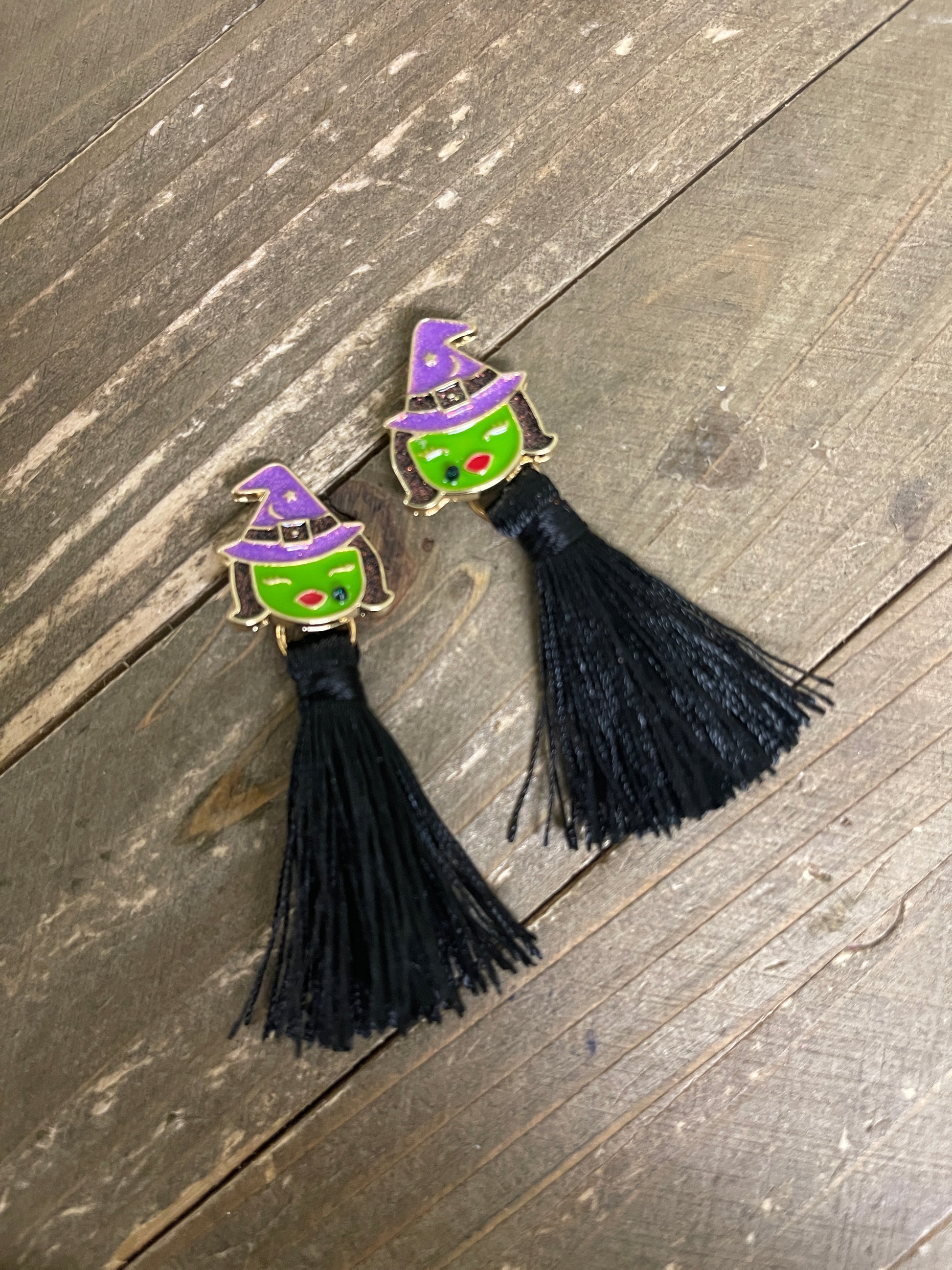 Halloween- Enamel Witch charm and black tassel stud earringsPink tiful of LOVE