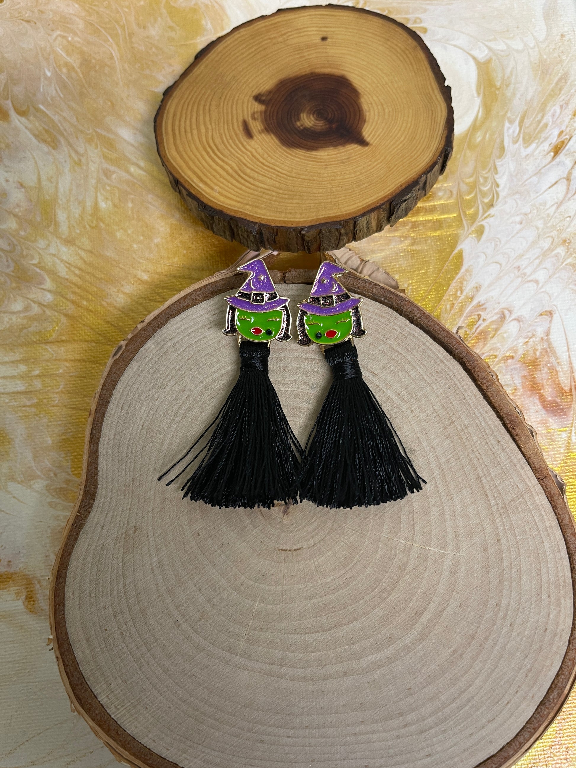 Halloween- Enamel Witch charm and black tassel stud earringsPink tiful of LOVE
