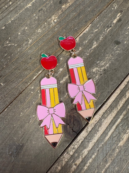Pencil & Apple Bow Drop Earrings