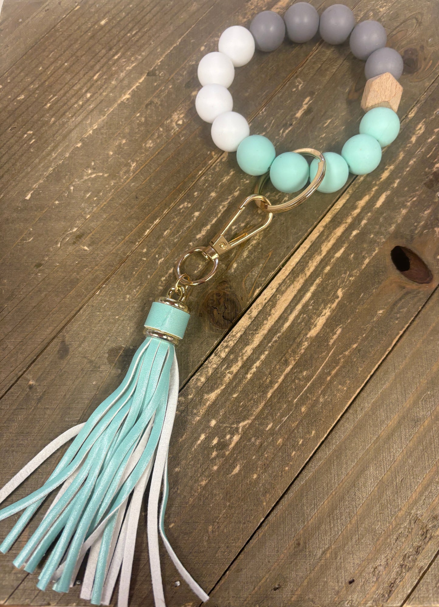 Mint & Grey Beaded Wristlet Keychain with Tassel