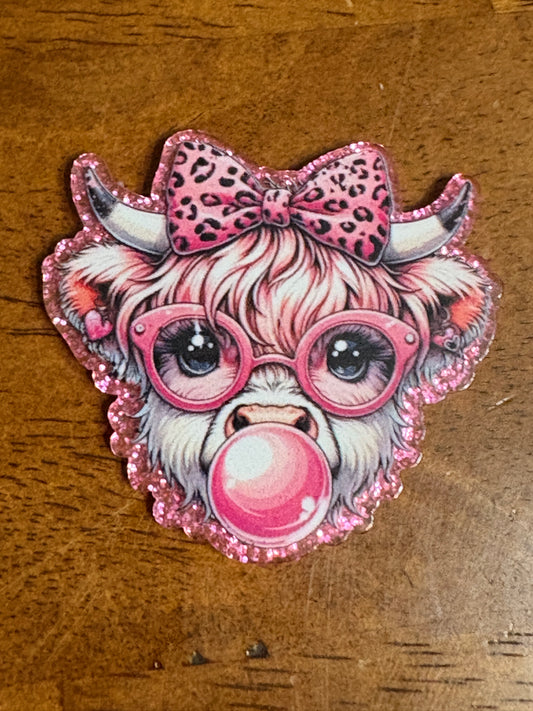 Pink Bubblegum Highland Cow Glitter Emblem – Badge Reel, Brooch, or Tie Tack  m