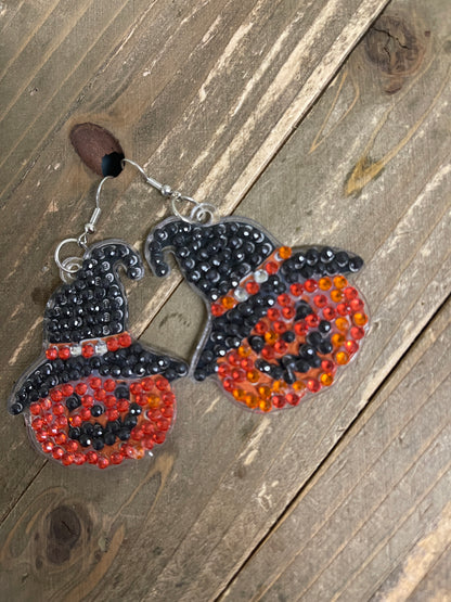 Halloween- Diamond Painting Jack-o-Latern in Witch's Hat Wire Earrings-19