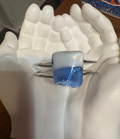 Fused Glass White & Blue square Silver Bracelet