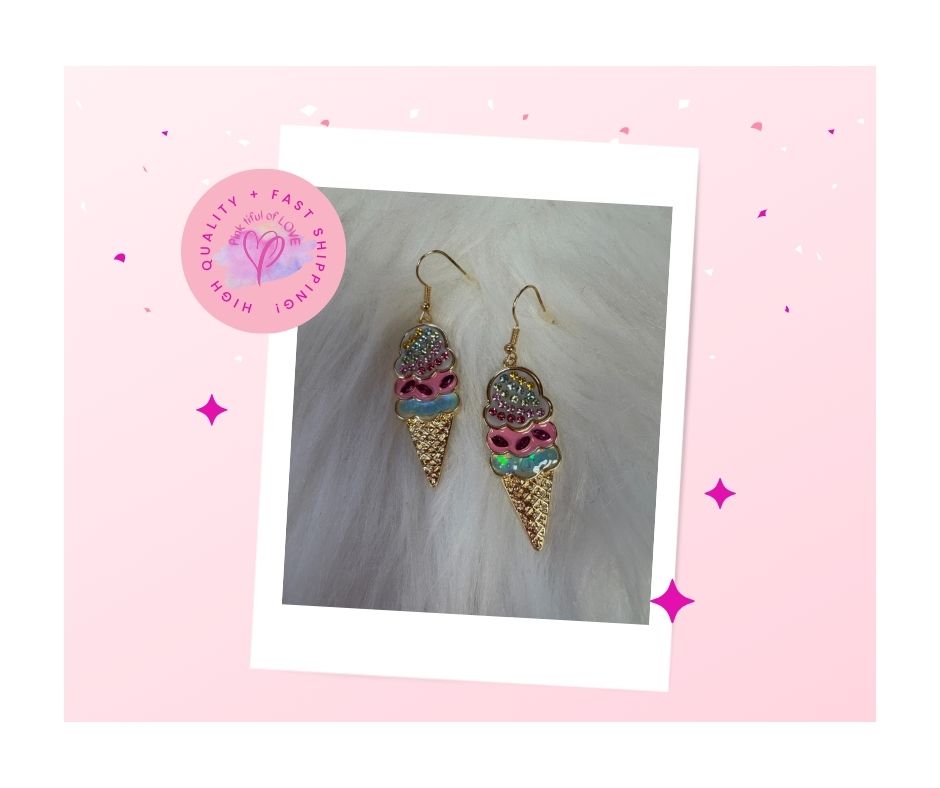 Ice Cream Cone Rhinestone Charm Wire Earrings