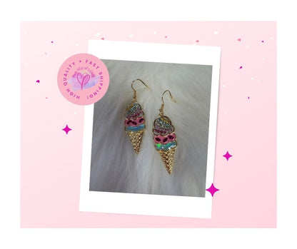 Ice Cream Cone Rhinestone Charm Wire Earrings