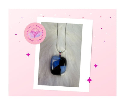 Fused Glass-blue, white & black square shaped Pendant on a silver Chain Necklace