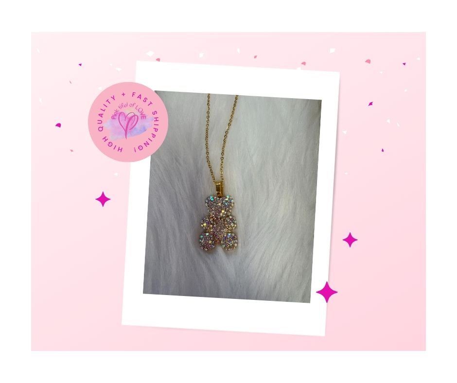 Iridescent Rhinestone Teddy Bear pendant  on a gold chain Necklace