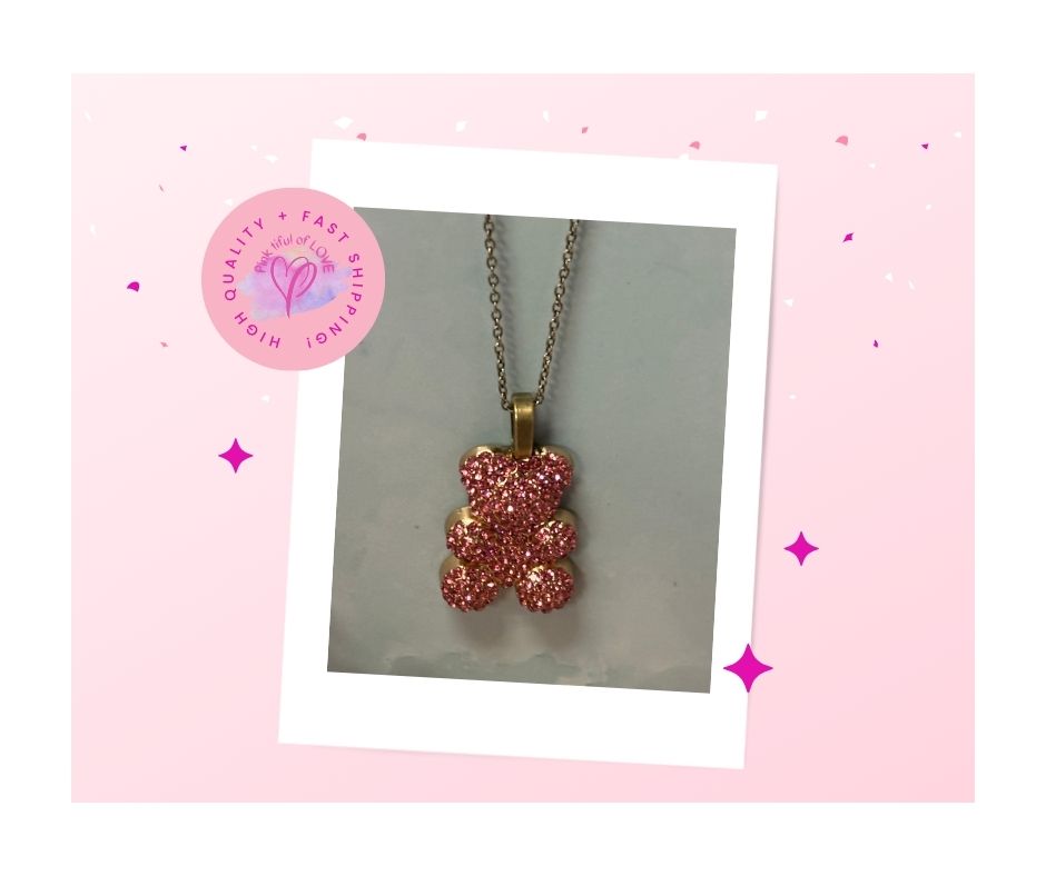 Pink Rhinestone Teddy Bear pendant  on a Gun Metal chain Necklace
