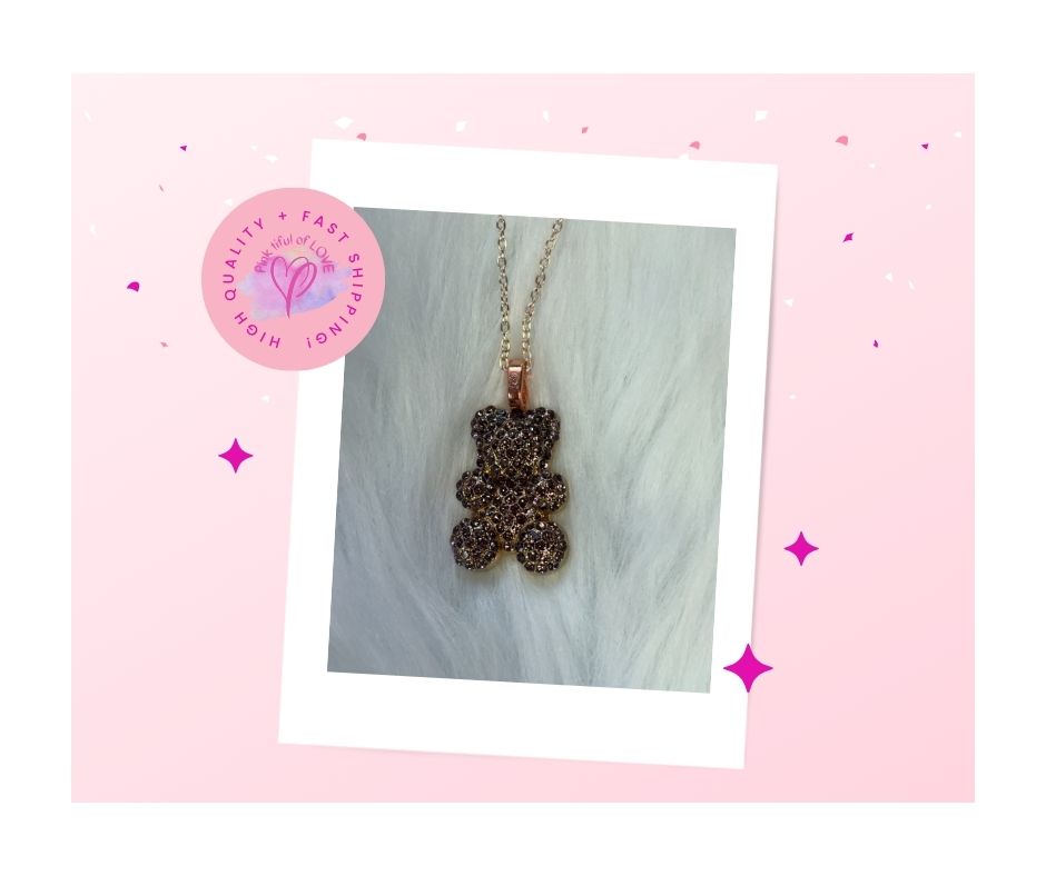Purple Rhinestone Teddy Bear pendant  on a Rose Gold chain Necklace