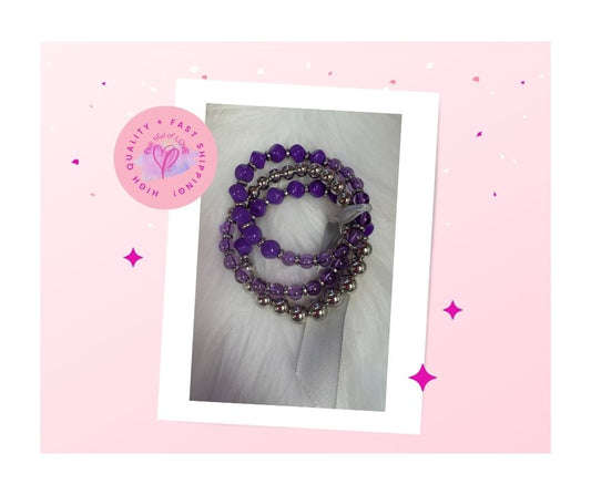 Purple and Silver Beaded Stretchy Bracelet set of 3