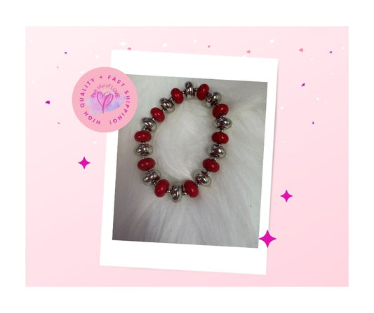 Red Stone and Silver Beaded Stretchy Bracelet