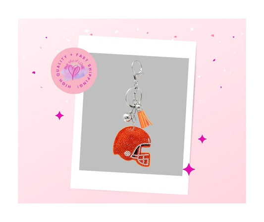 Bling Crystal Orange Football  Helmet Key Chain
